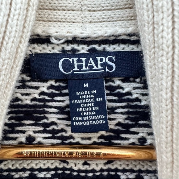 Chaps Fair Isle Shawl Collar Cardigan Sweater Navy Cream Cotton Nordic Ski M - Picture 3 of 8